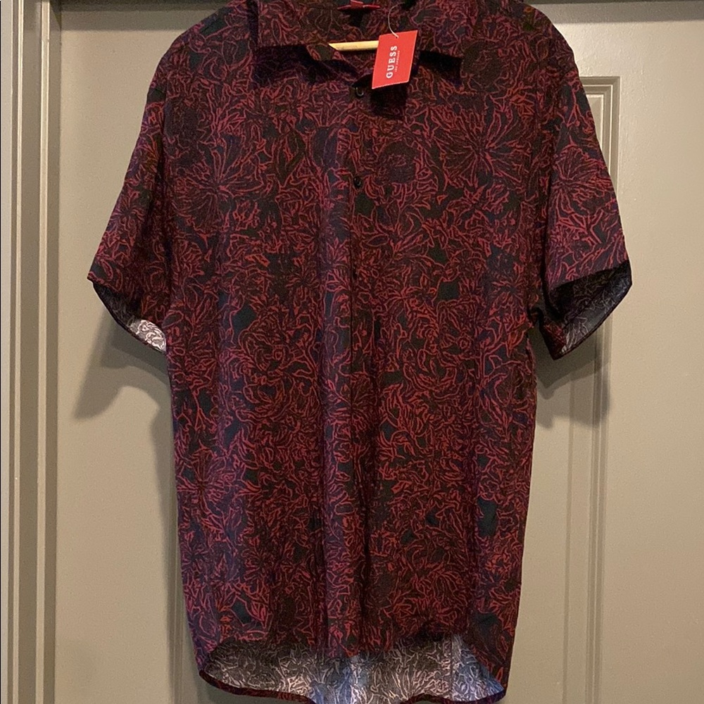 Guess Red and Black Patterned Rayon Slim Fit Men's Shirt Sz XXL NWT